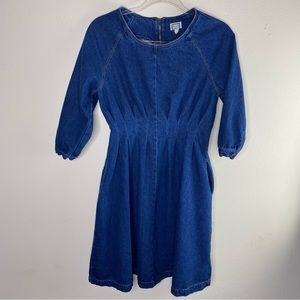 Mo: vint A line gathered denim pocket dress womens size small 3/4 sleeve casual